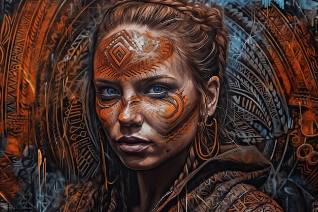 Una pintura de una mujer con arte tribal en su rostro.