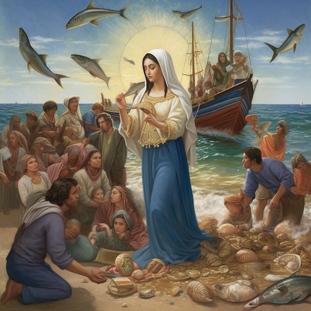 Una pintura de una mujer en azul y blanco con la palabra jesús en ella.