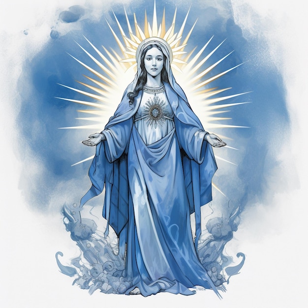 Una pintura de una mujer azul con la palabra "sagrada" en ella