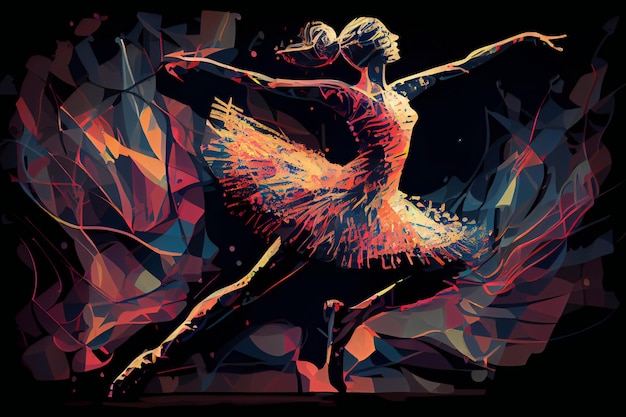 Una pintura de una mujer bailando con un fondo rojo y azul.