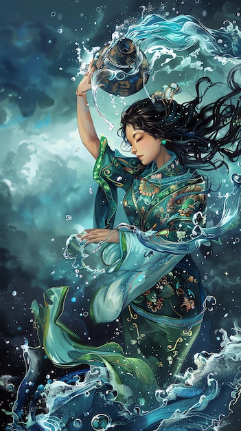una pintura de una mujer bailando con las gotas de agua en su mano