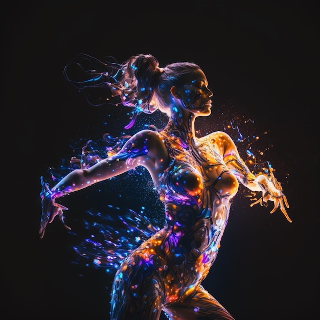 Pintura de mujer bailando con ilustración colorida de neón