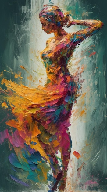 Una pintura de una mujer bailando con pintura de colores.