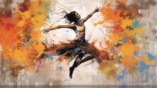 Una pintura de una mujer bailando con salpicaduras de pintura de colores.