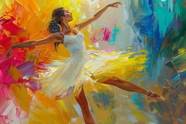 una pintura de una mujer bailando en un vestido blanco con las palabras ella es una bailarina