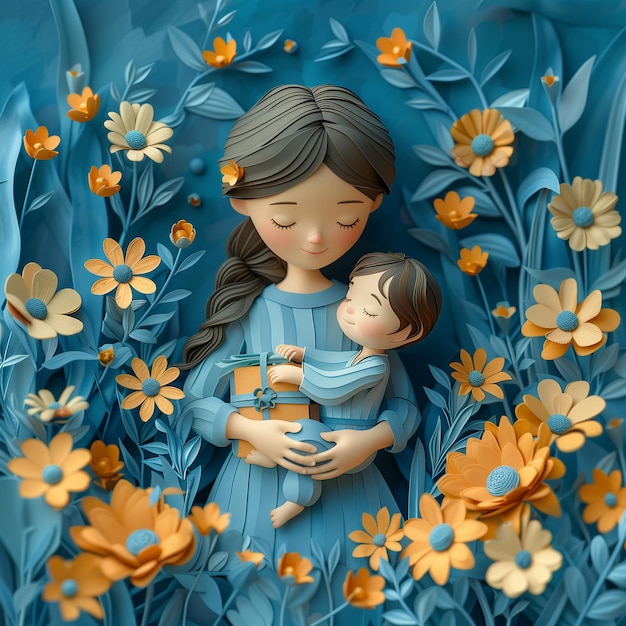 una pintura de una mujer y un bebé con flores y un bebé