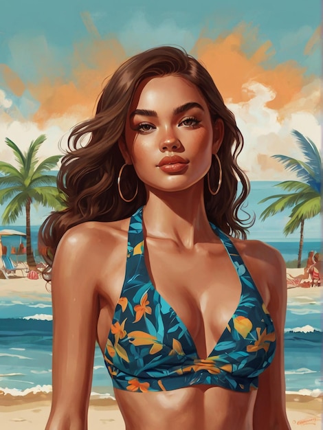 una pintura de una mujer en un bikini en una playa