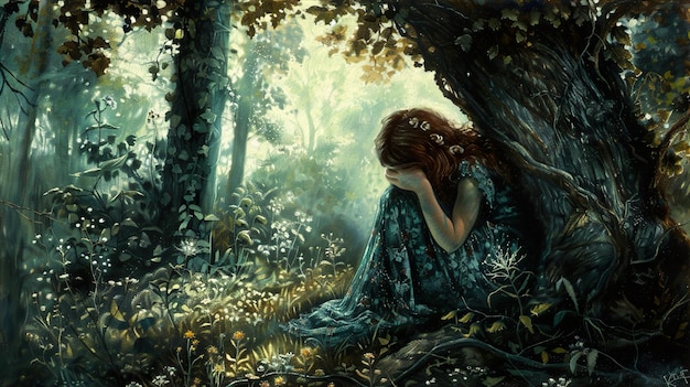 una pintura de una mujer en un bosque con la palabra en él