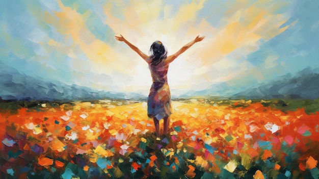 Una pintura de una mujer con los brazos levantados en el aire.