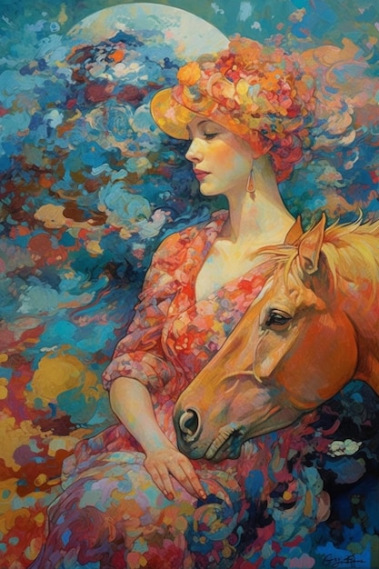 Una pintura de una mujer y un caballo.