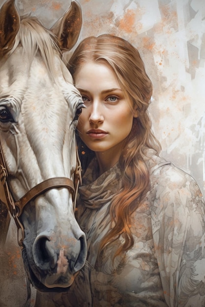 Una pintura de una mujer y un caballo.