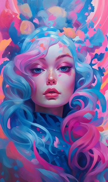 Una pintura de una mujer con cabello azul y cabello rosa y azul.