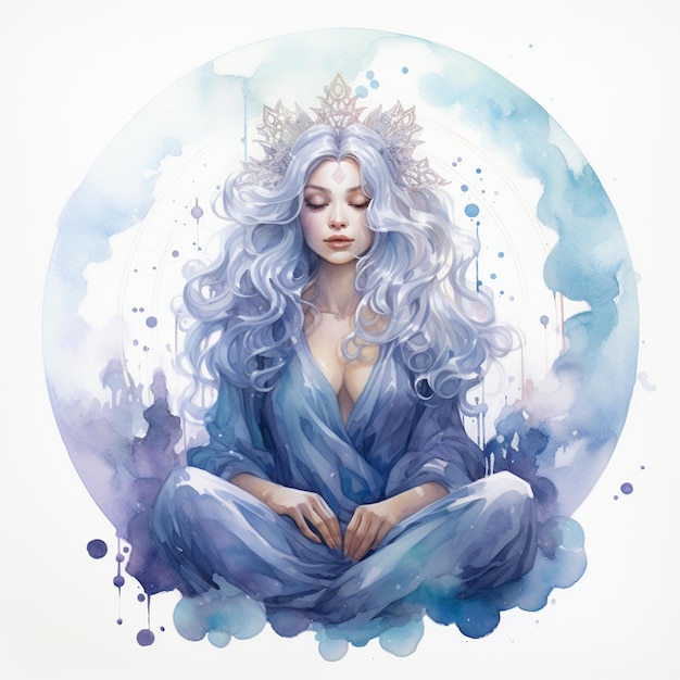 Pintura de una mujer con cabello azul y una corona sentada en una pose de loto ai generativo