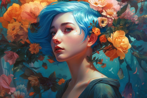 Una pintura de una mujer con cabello azul y flores en la cabeza.