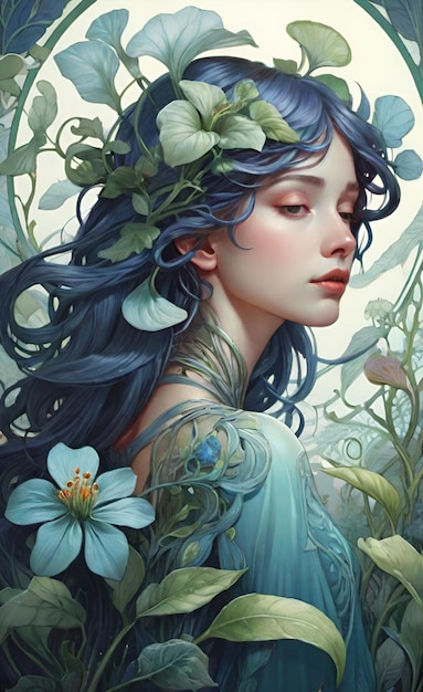 una pintura de una mujer con cabello azul y flores en su cabello