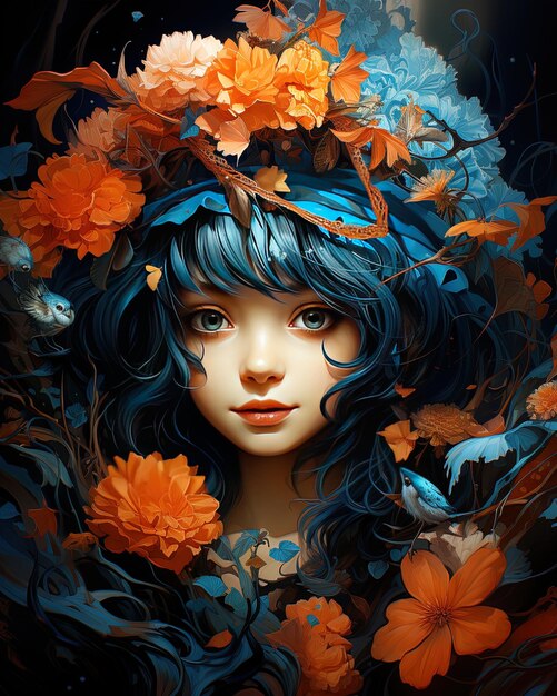 una pintura de una mujer con cabello azul y flores