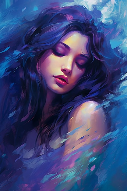 Una pintura de una mujer con cabello azul y un fondo azul.