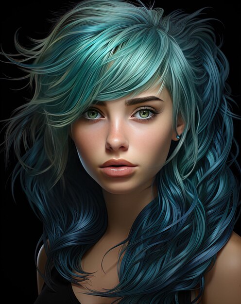 una pintura de una mujer con cabello azul y ojos verdes