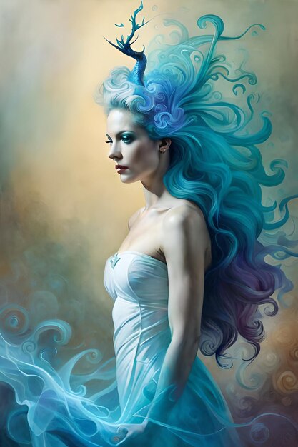 Una pintura de una mujer con cabello azul y una peluca azul.