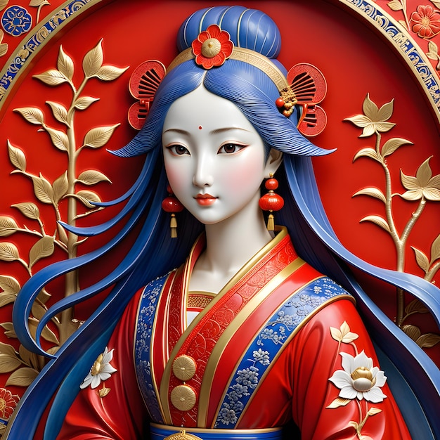 una pintura de una mujer con cabello azul y un vestido rojo con la palabra " ella es "