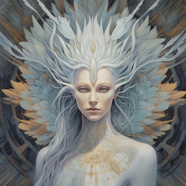 Pintura de una mujer con cabello blanco y alas en la cabeza generativa ai.