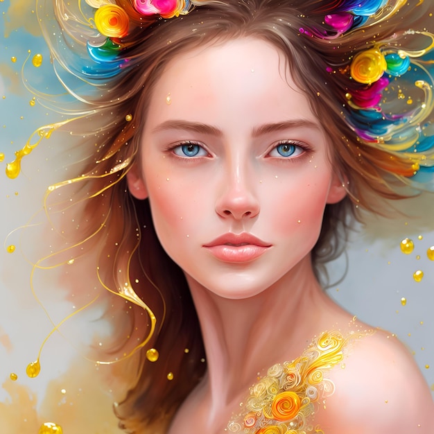 Una pintura de una mujer con cabello colorido y una corona de flores en la cabeza.