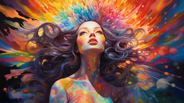 pintura de una mujer con un cabello colorido y un fondo colorido generativo ai