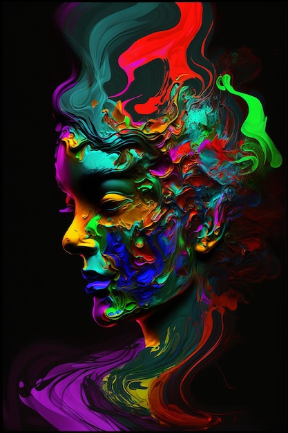 Pintura de una mujer con cabello colorido y fondo negro ai generativo