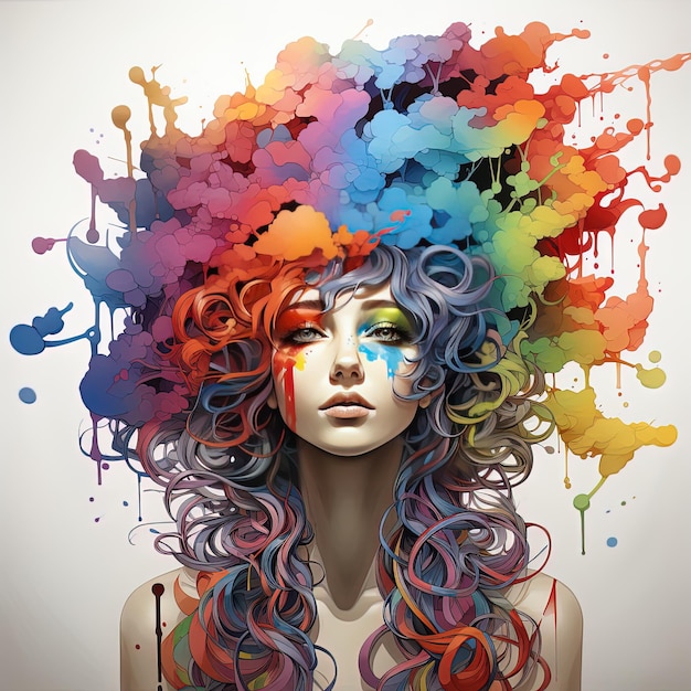 una pintura de una mujer con cabello colorido y la palabra arco iris en él