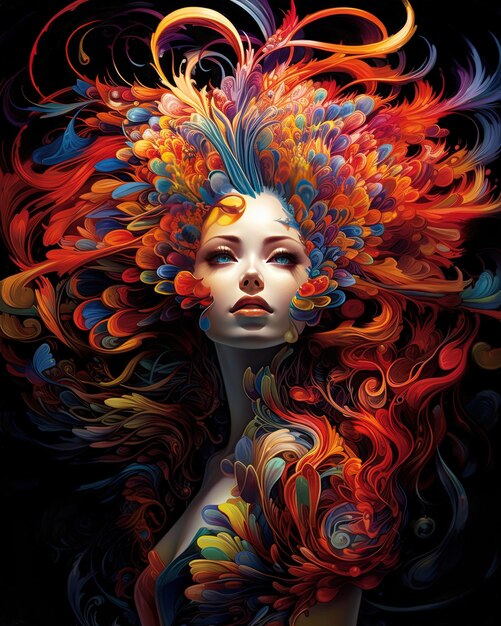 Foto una pintura de una mujer con cabello colorido y la palabra arco iris en él