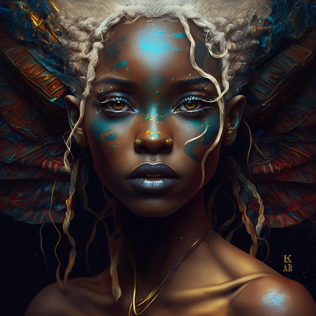 Una pintura de una mujer con un cabello emplumado azul y dorado y una corona dorada.