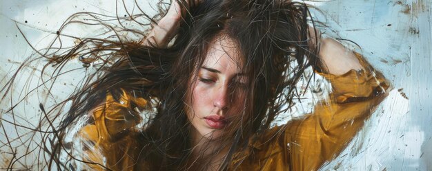 Pintura de una mujer con el cabello fluyendo en el viento mostrando movimiento y libertad