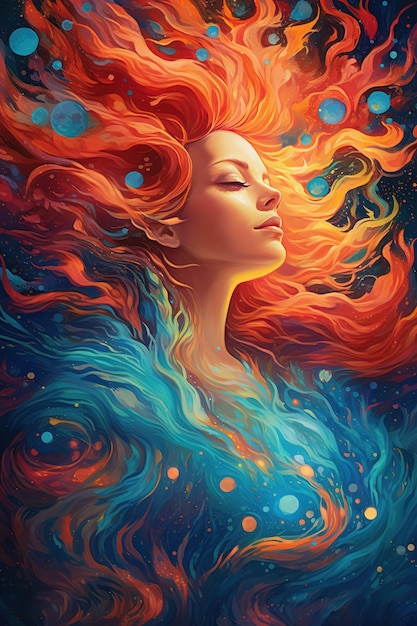 Una pintura de una mujer con cabello largo y cabello azul y naranja.