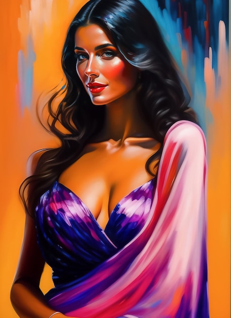 Una pintura de una mujer con cabello largo y negro y un vestido rosa.