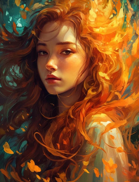 Una pintura de una mujer con cabello naranja y hojas en su rostro.