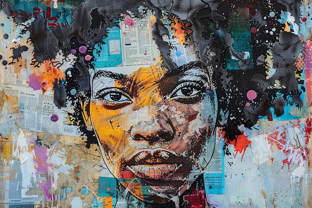 una pintura de una mujer con cabello negro y un fondo amarillo