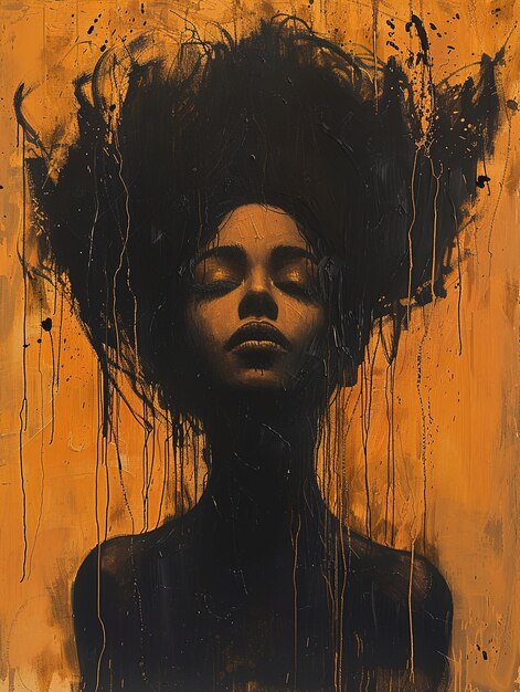 una pintura de una mujer con cabello negro y un fondo negro y naranja