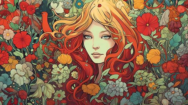 Una pintura de una mujer con cabello rojo y flores.