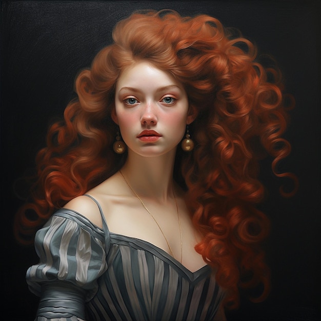 Una pintura de una mujer con el cabello rojo y un fondo negro