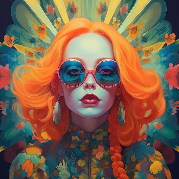 Una pintura de una mujer con cabello rojo y gafas de sol.