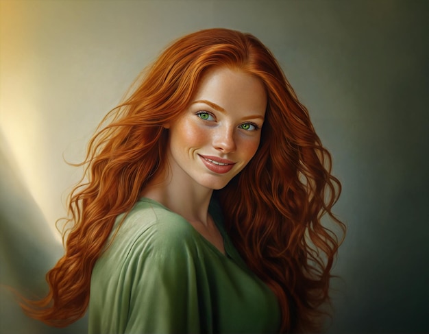 una pintura de una mujer con cabello rojo y ojos verdes
