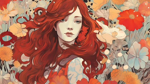 Una pintura de una mujer con cabello rojo y un patrón de flores.