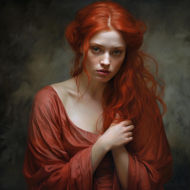 Una pintura de una mujer con cabello rojo y un vestido rojo