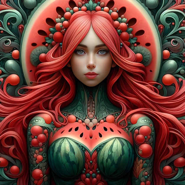 una pintura de una mujer con el cabello rojo y un vestido verde con una cara roja