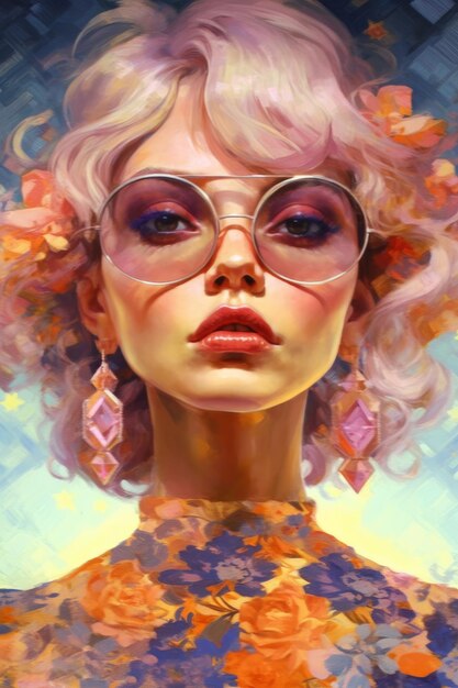 Una pintura de una mujer con cabello rosa y anteojos.