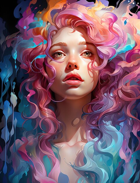 una pintura de una mujer con el cabello rosa y el cabello púrpura y rosa