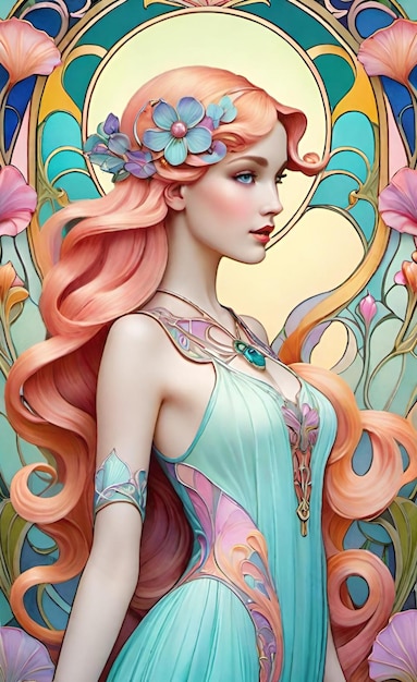 una pintura de una mujer con cabello rosa y flores en la cabeza