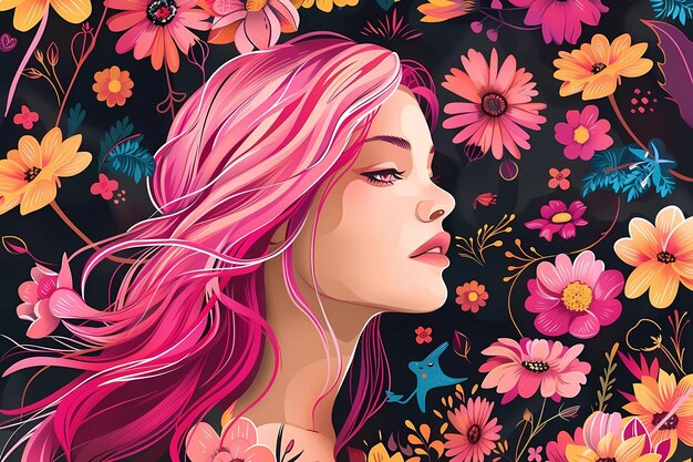 una pintura de una mujer con cabello rosa y flores chica en flores con cabello rosado