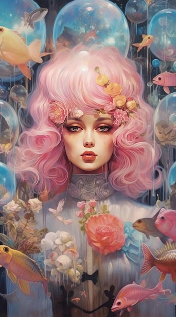 Una pintura de una mujer con cabello rosa y flores.