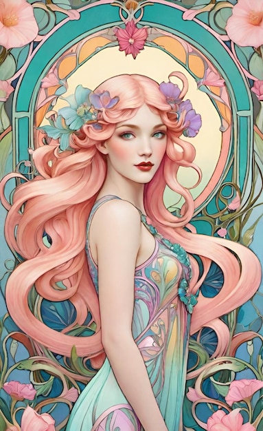 una pintura de una mujer con cabello rosa y flores